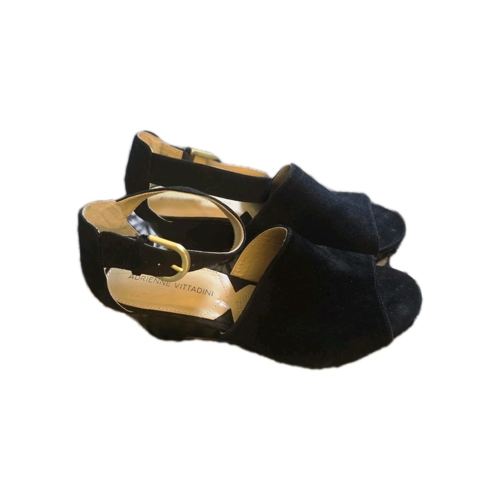 Adrienne Vittadini Black Suede Wedge Sandals Peep Toe Ankle Strap Womens 7.5M